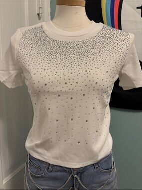 Mango White Short-Sleeve Knit Top with Crystal Embellishments